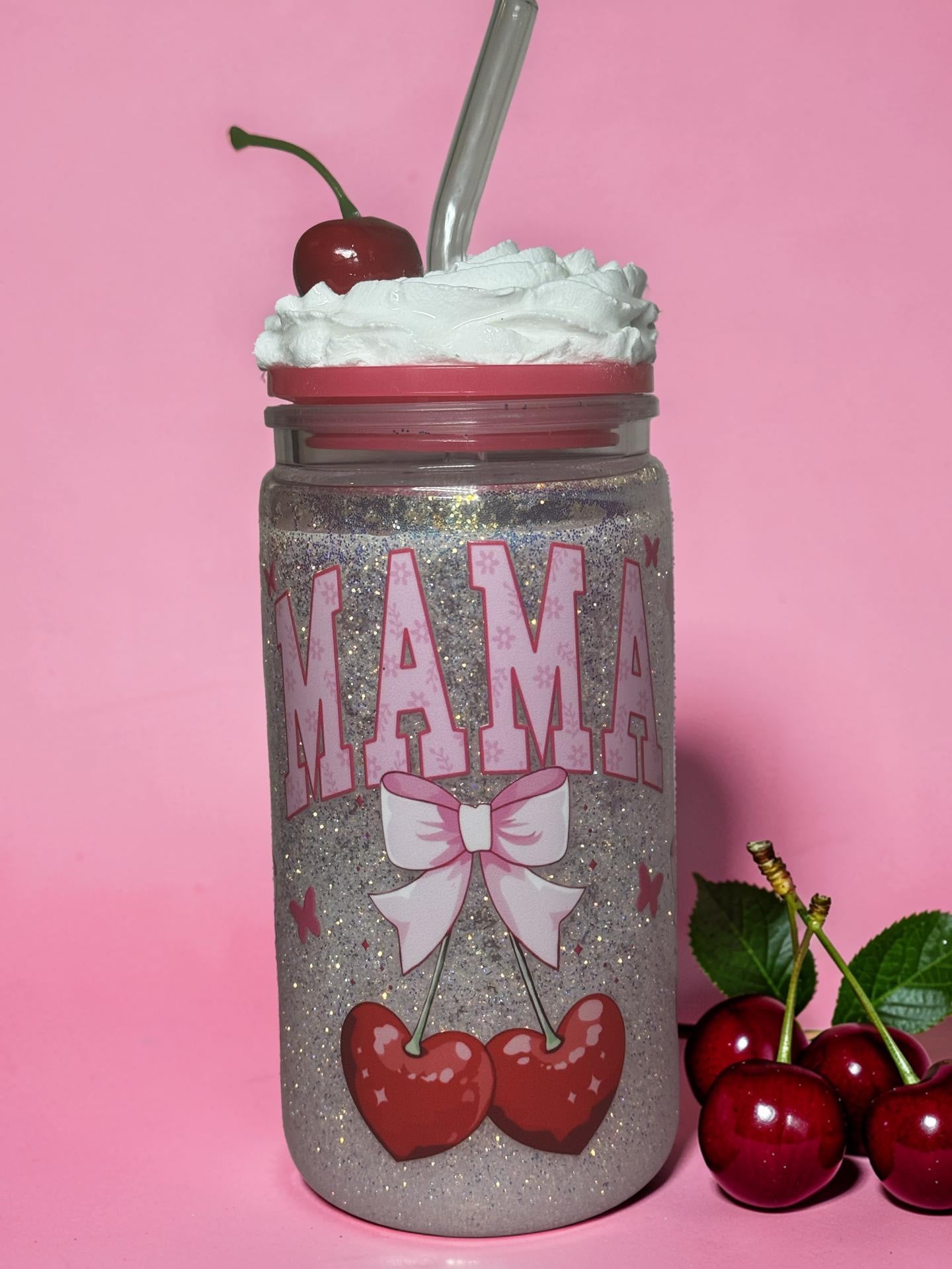 Whipped cream, cherry mama snow globe cup